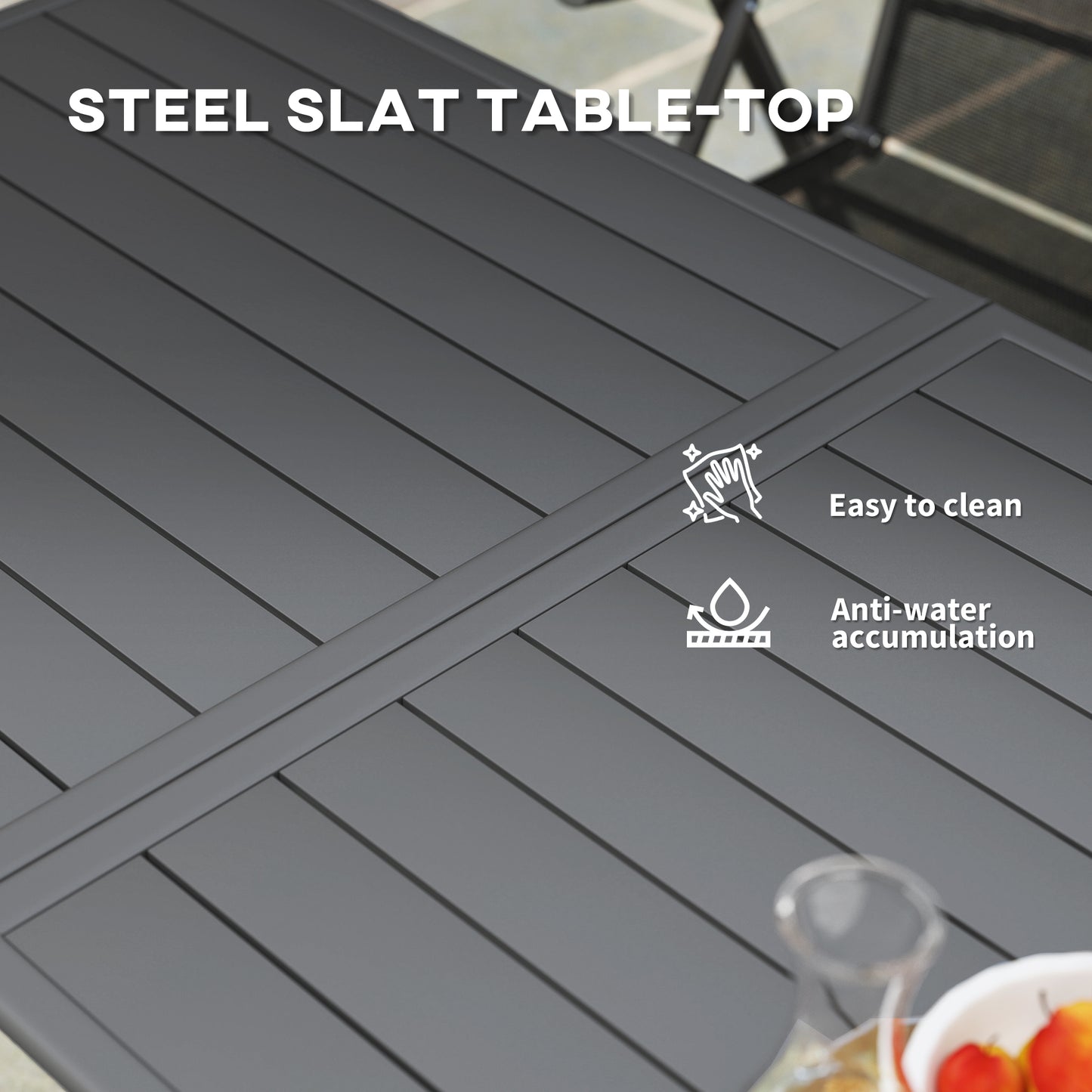 Visuto Steel Grey Rectangular Outdoor Dining Table With Slatted Top For 6