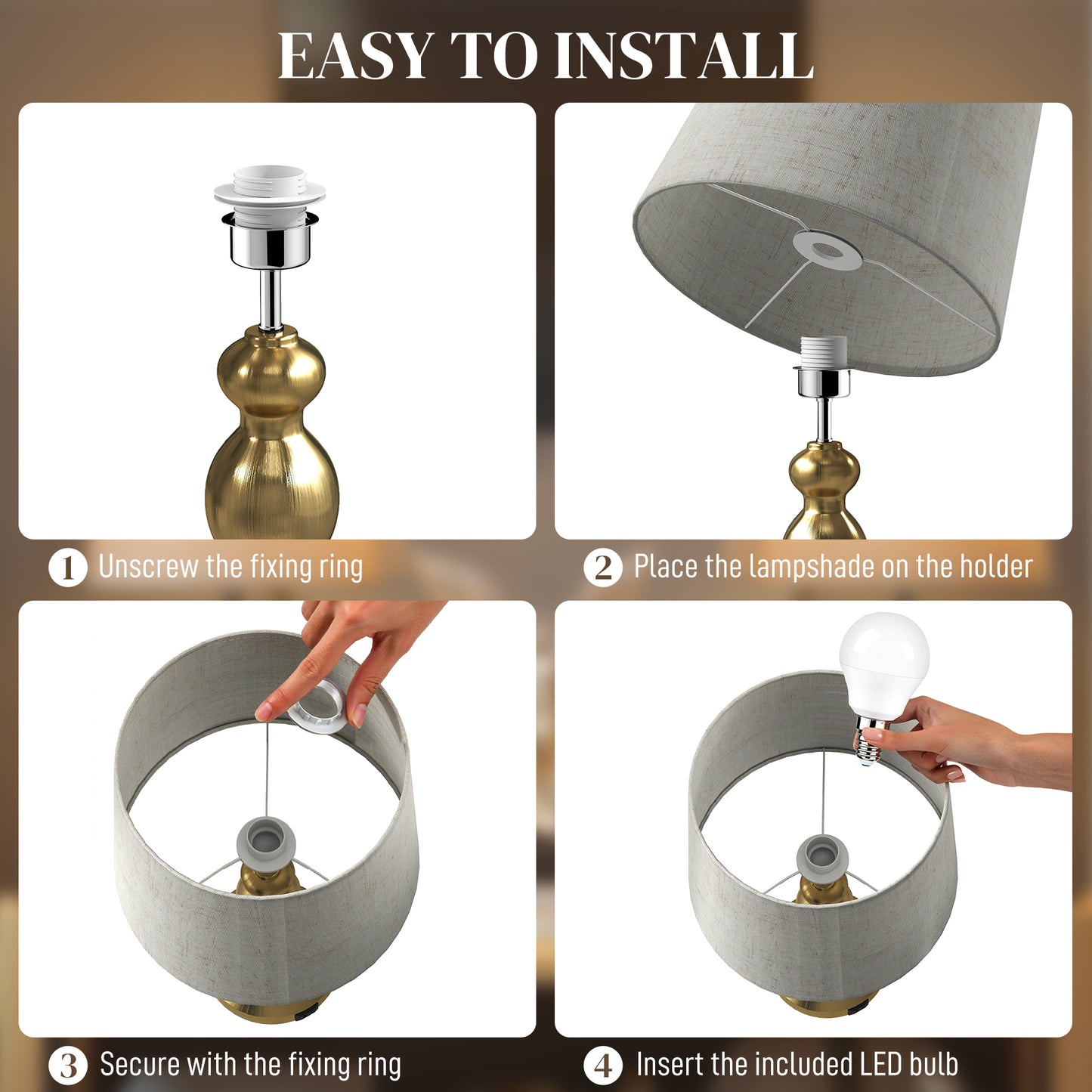 Rino Metal Gold Tone Set Of 2 Bedside Lamps With USB Charging Ports Linen Shades And 3 Colour Light