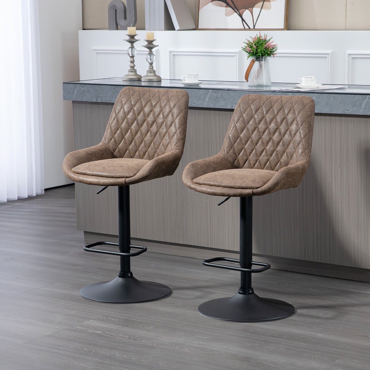 Lenozzo Faux Leather Brown Set Of 2 Retro Style Bar Stools With Padded Seats