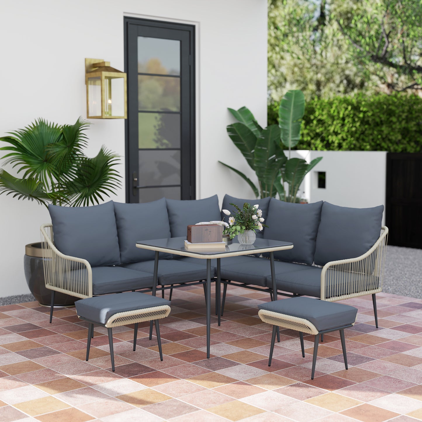 Vika Natural Rattan Grey 7 Seater Garden Sofa Set with Coffee Table and 2 Stools