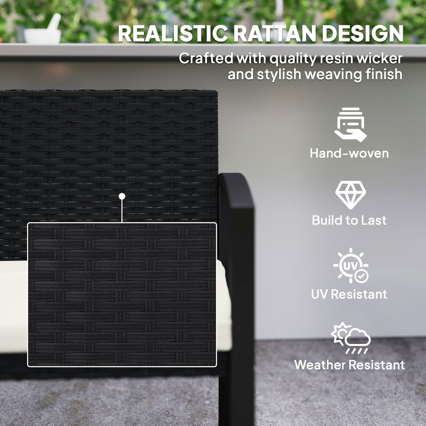 Lalepa Black Rattan Beige 2 Seater Outdoor Garden Bench
