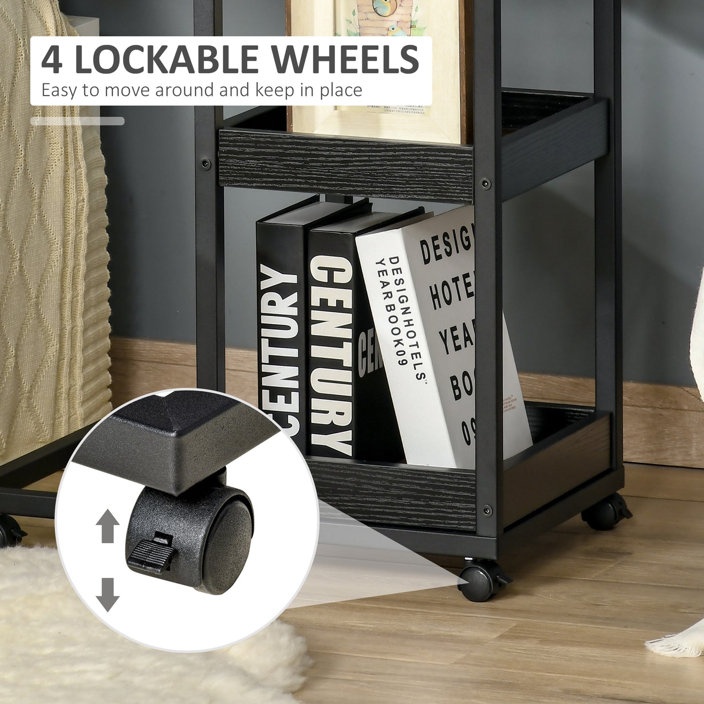 Lufaro Set Of 2 Mobile C Shaped Side Tables With Locking Wheels Metal And Wooden Dark Brown
