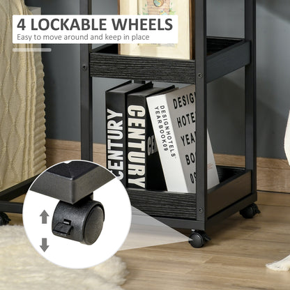 Lufaro Set Of 2 Mobile C Shaped Side Tables With Locking Wheels Metal And Wooden Dark Brown