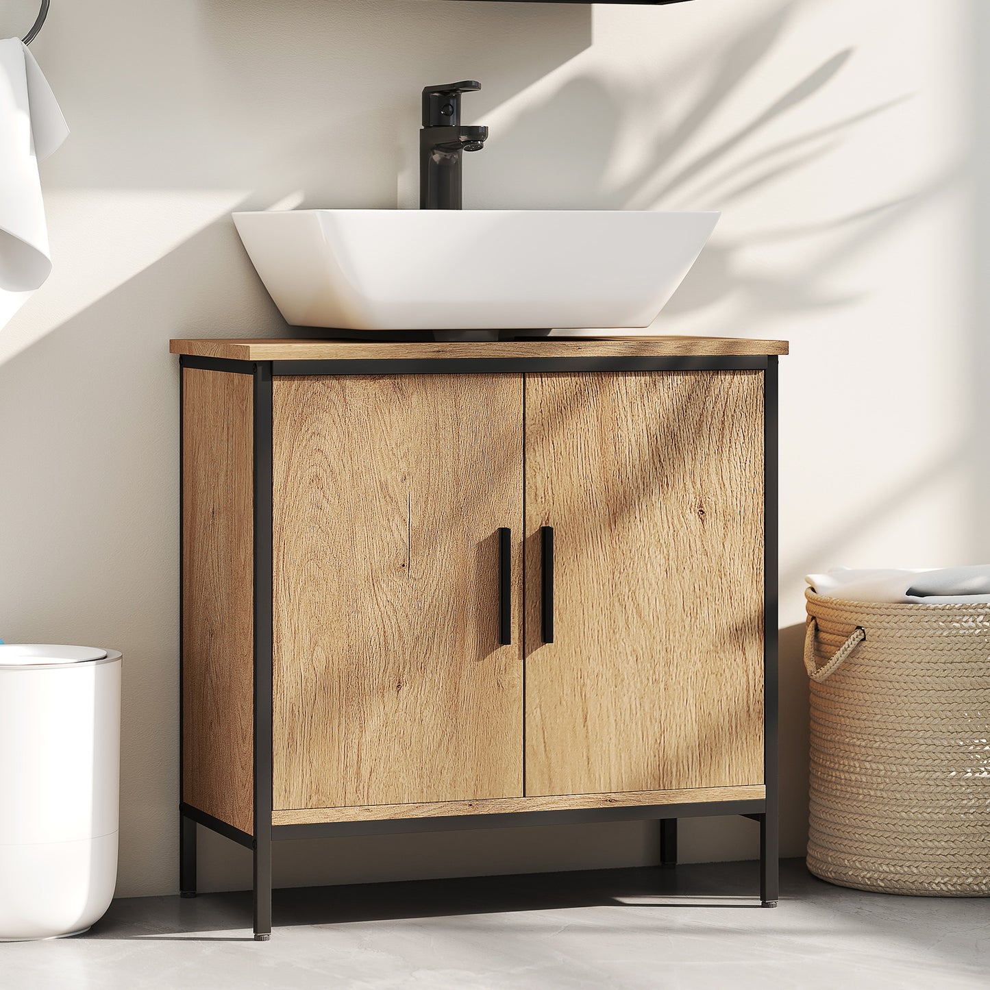 Mosu Under Sink Bathroom Vanity Cabinet With Double Doors And Adjustable Shelving Oak Finish