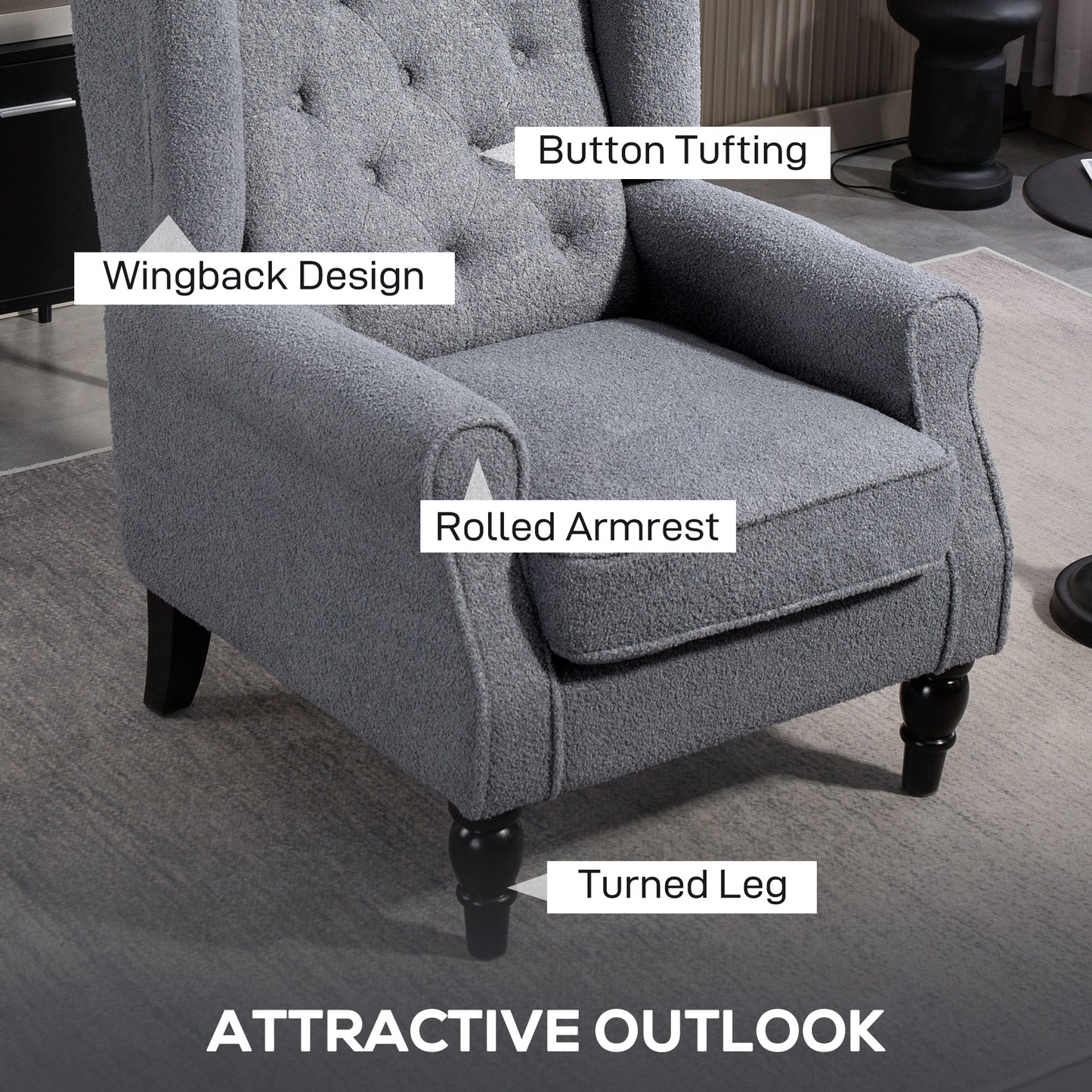 Rovero Grey Retro Wingback Accent Teddy Boucle Armchair With Diamond Button Sherpa Tufted Upholstery