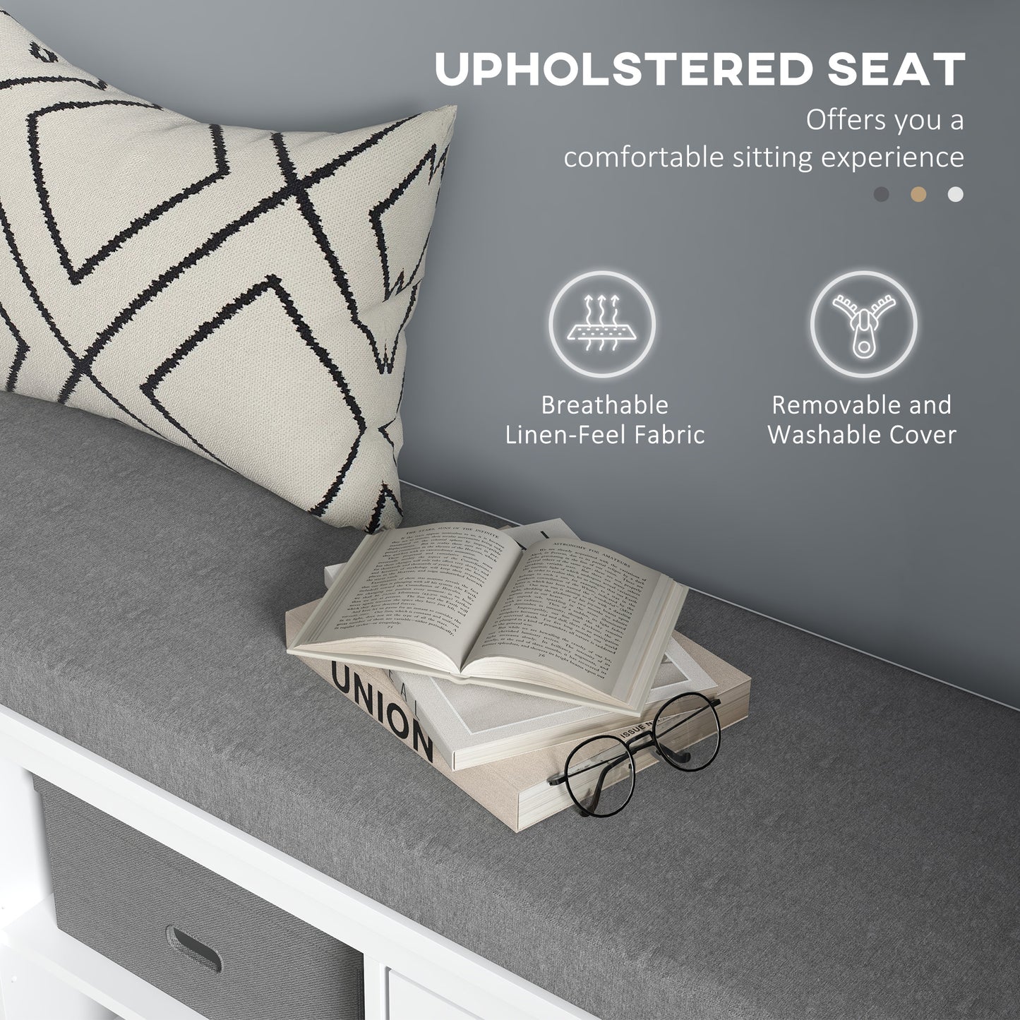 Lire Wooden White And Grey Multi Compartment Shoe Bench With Cushioned Top