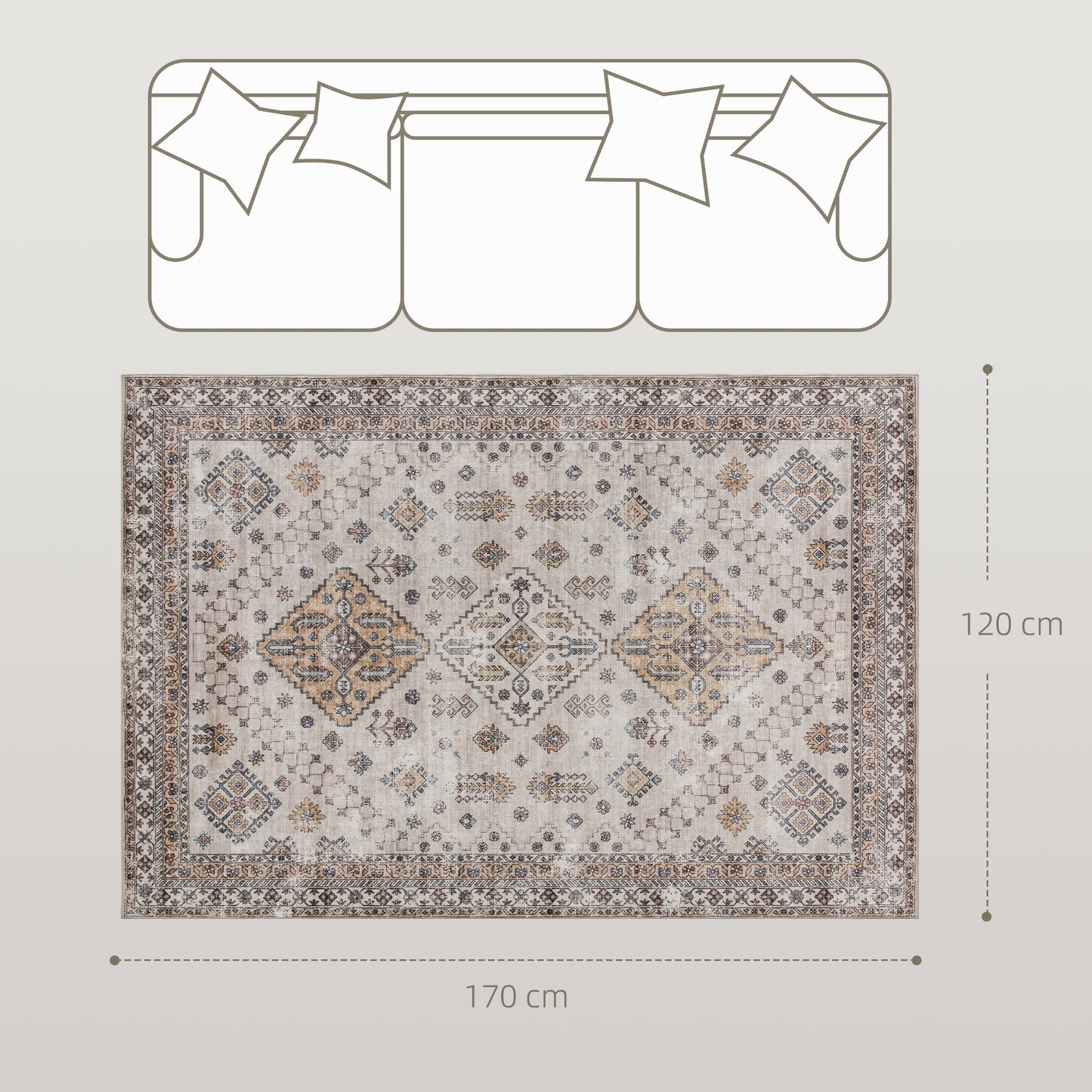 Kefado 170 x 120cm Polyester Beige Vintage Style Non Slip Washable Rug