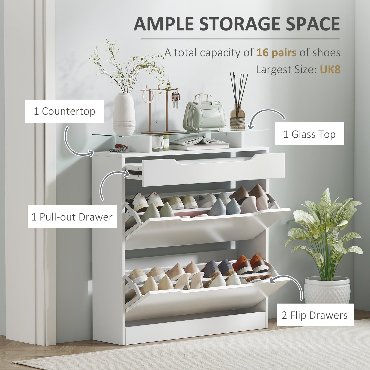 Masola Wooden White Shoe Cabinet With Sliding Drawer 2 Flip Doors And Glass Top
