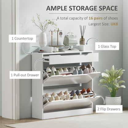 Masola Wooden White Shoe Cabinet With Sliding Drawer 2 Flip Doors And Glass Top