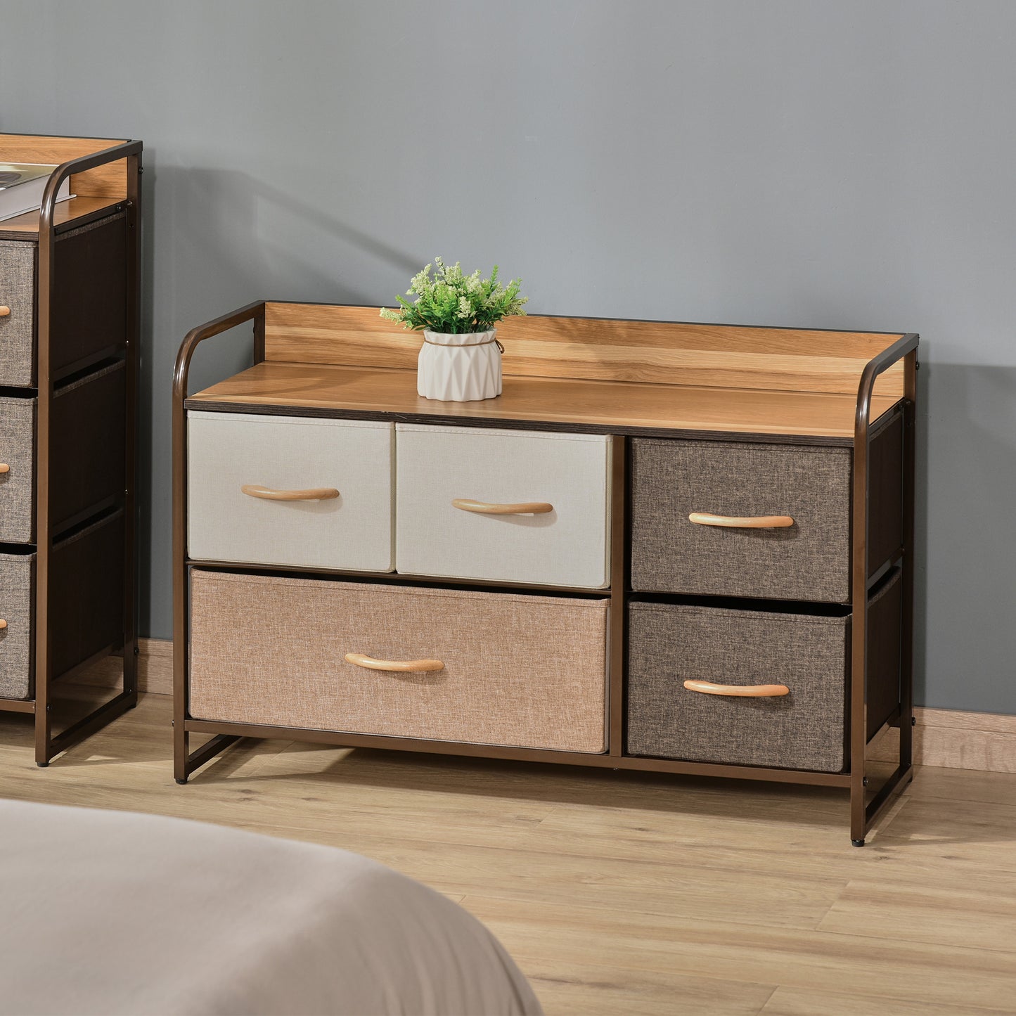 Zini Brown 5 Linen Drawers Dresser With Steel Frame And Wood Top