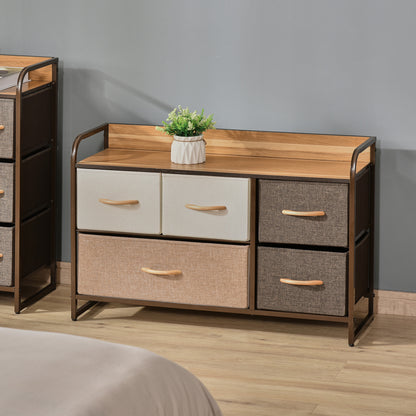 Zini Brown 5 Linen Drawers Dresser With Steel Frame And Wood Top
