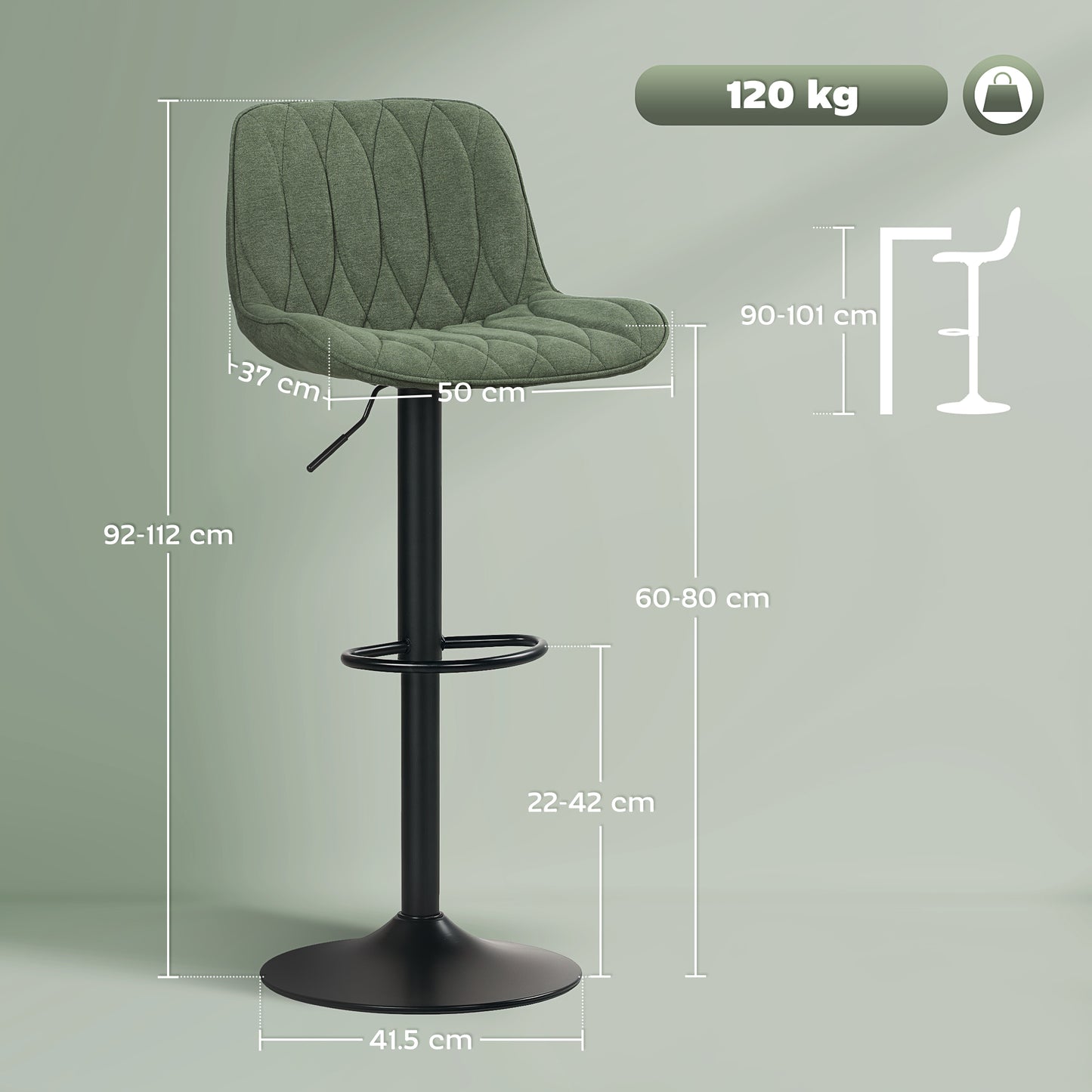Kali Fabric Green Adjustable Linen Look Bar Stools Set Of 2