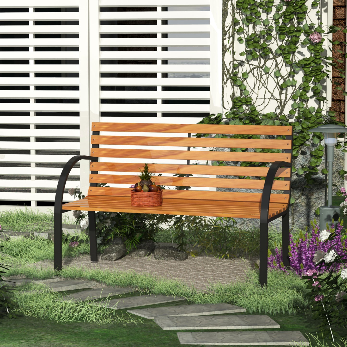 Nifalo 122cm Steel And Natural Slatted Wood Outdoor Garden Bench