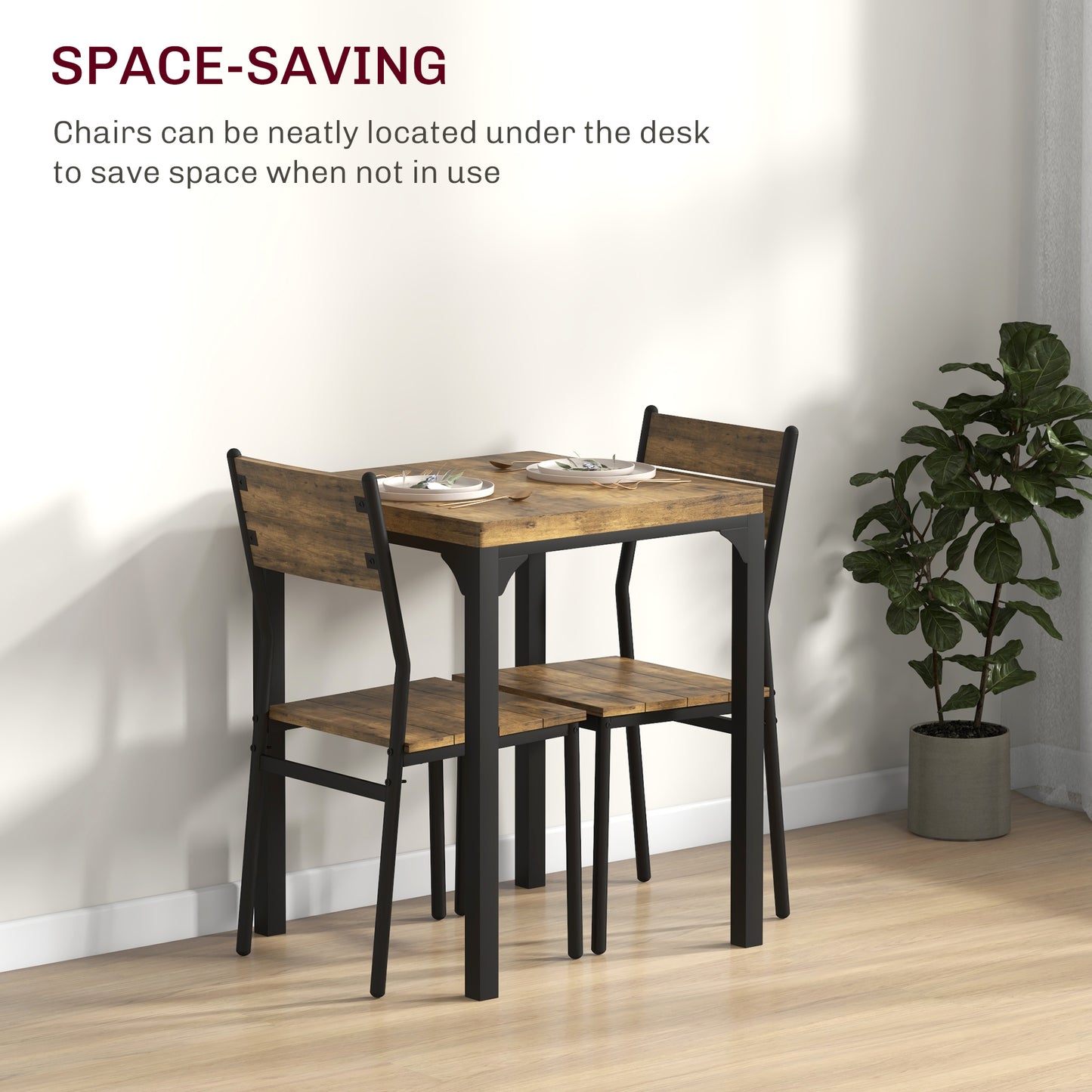 Lulila Wooden Rustic Brown 3 Piece Minimal Dining Table And Chair Set
