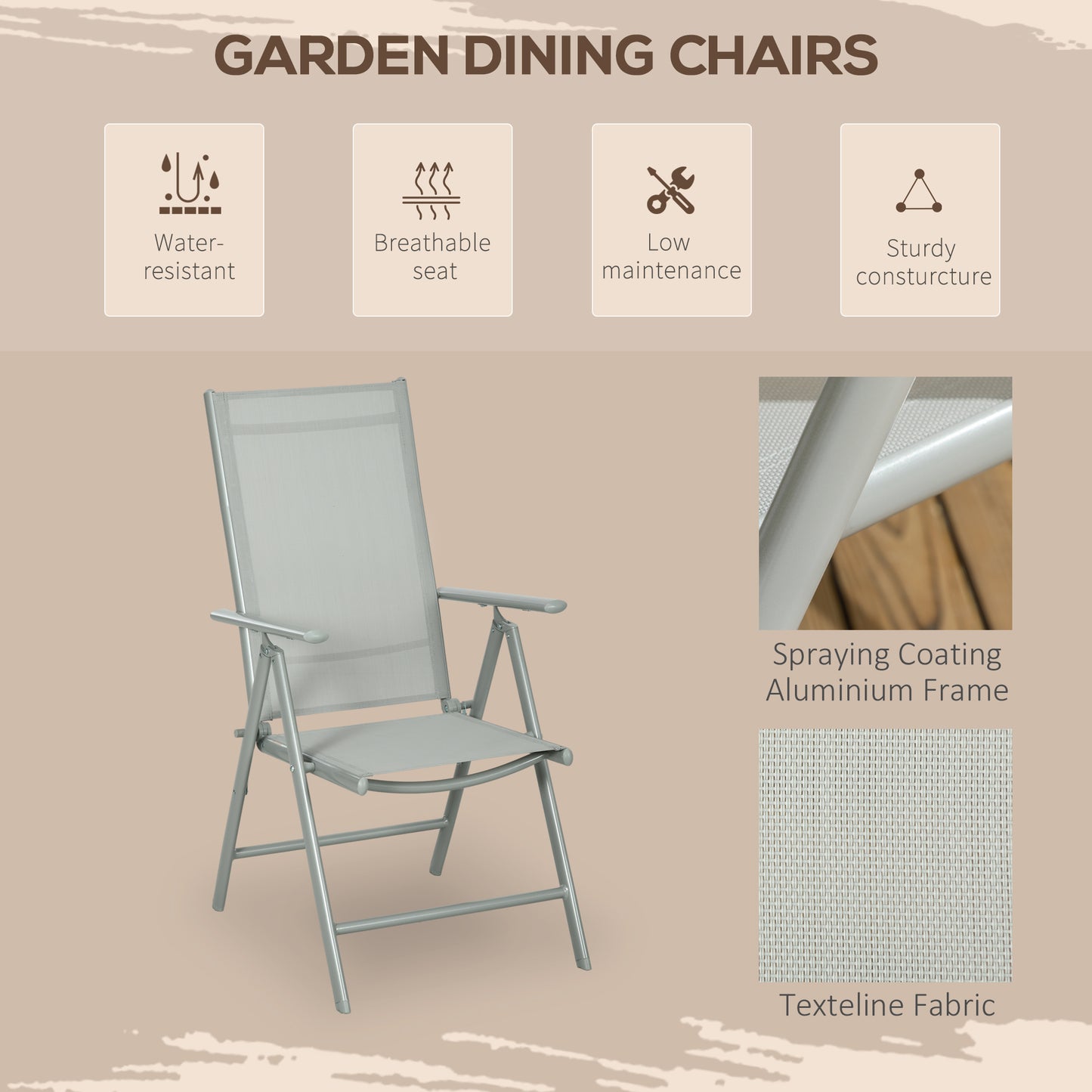 Pasano 6 Seater Light Grey Garden Dining Set Outdoor Tempered Glass Top Table and Folding Mesh Chairs