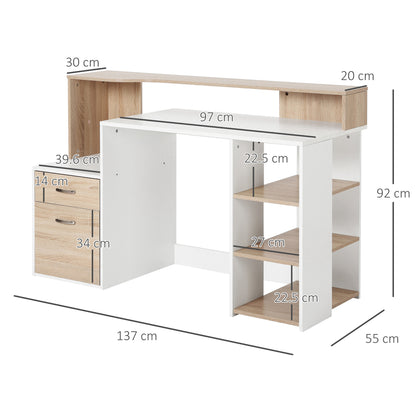 Niledi 137cm Wooden Oak Large Office Desk With Shelves Drawers And Printer Stand