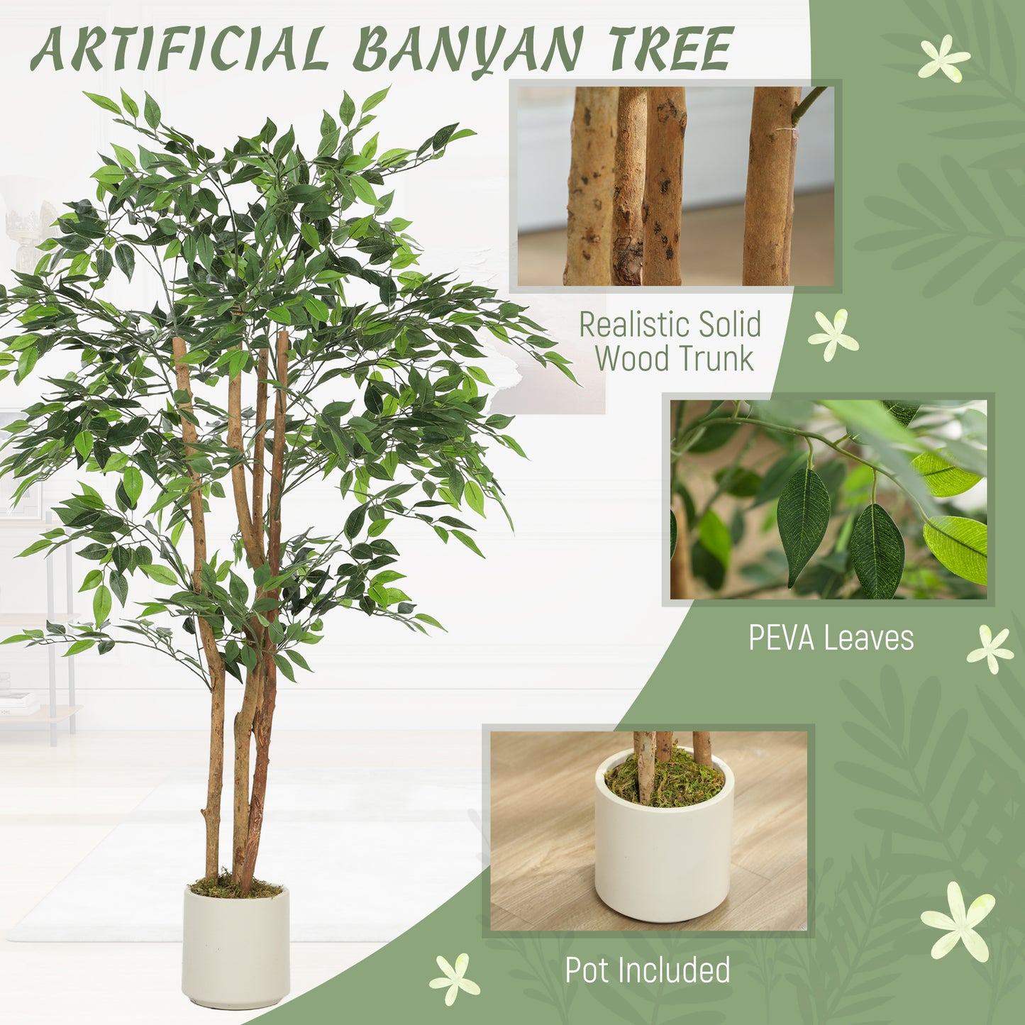 Faluta Artificial Ficus Style Tree With Solid Trunk Detail In Pot H8 150cm Green