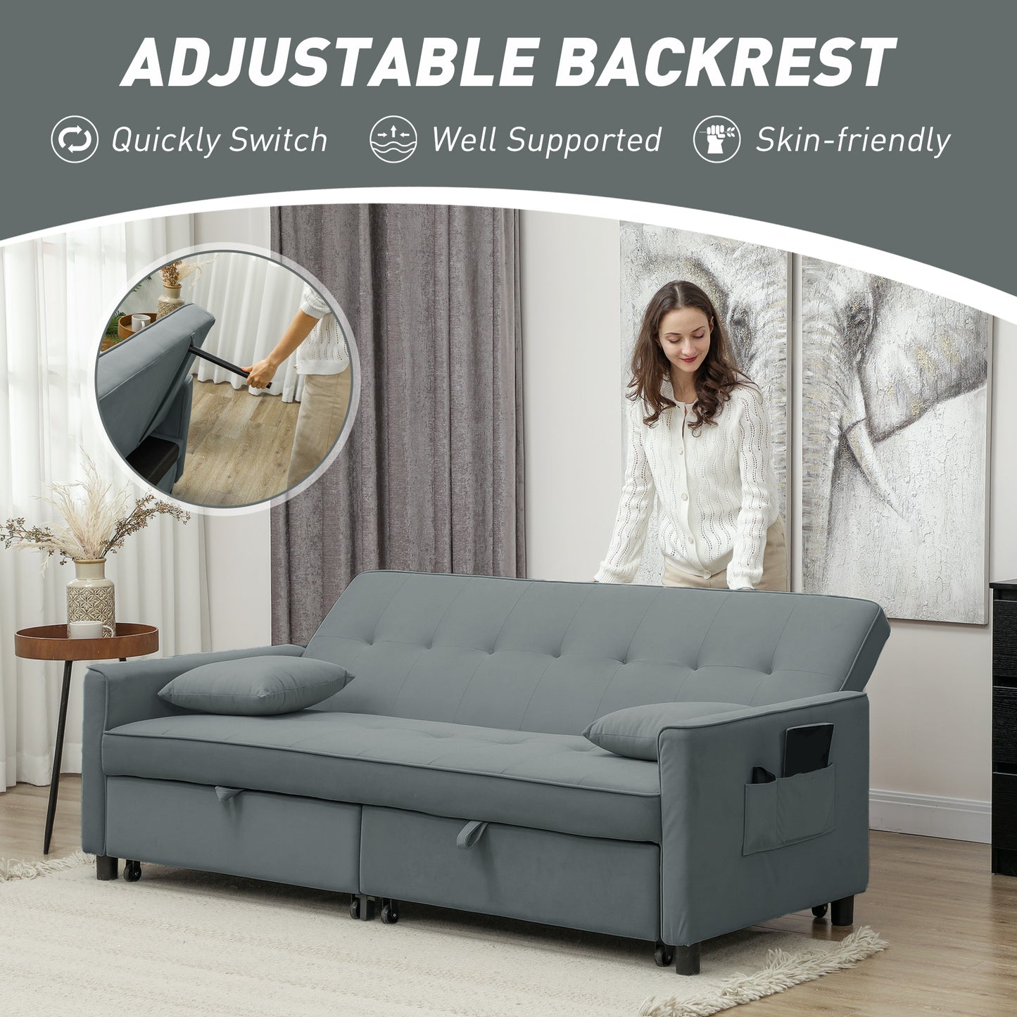 Senosa Grey Upholstered 3 Seater Convertible Sofa Bed Tufted