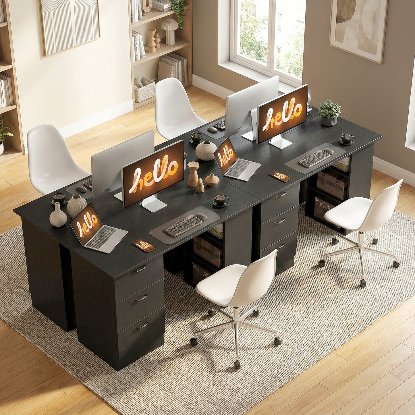 Malilu 120cm Wooden Black Home Office Desk With 3 Shelves And Drawer Storage