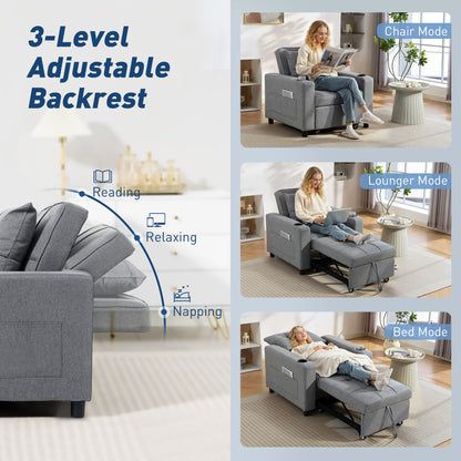Soliri Grey Upholstered 3 In One Convertible Single Sofa Bed Tufted Cushion