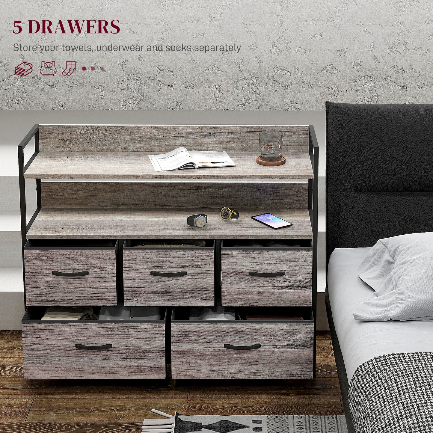 Rimo Fabric And Wood Grey Wood Effect 5 Drawer Rustic Storage Chest