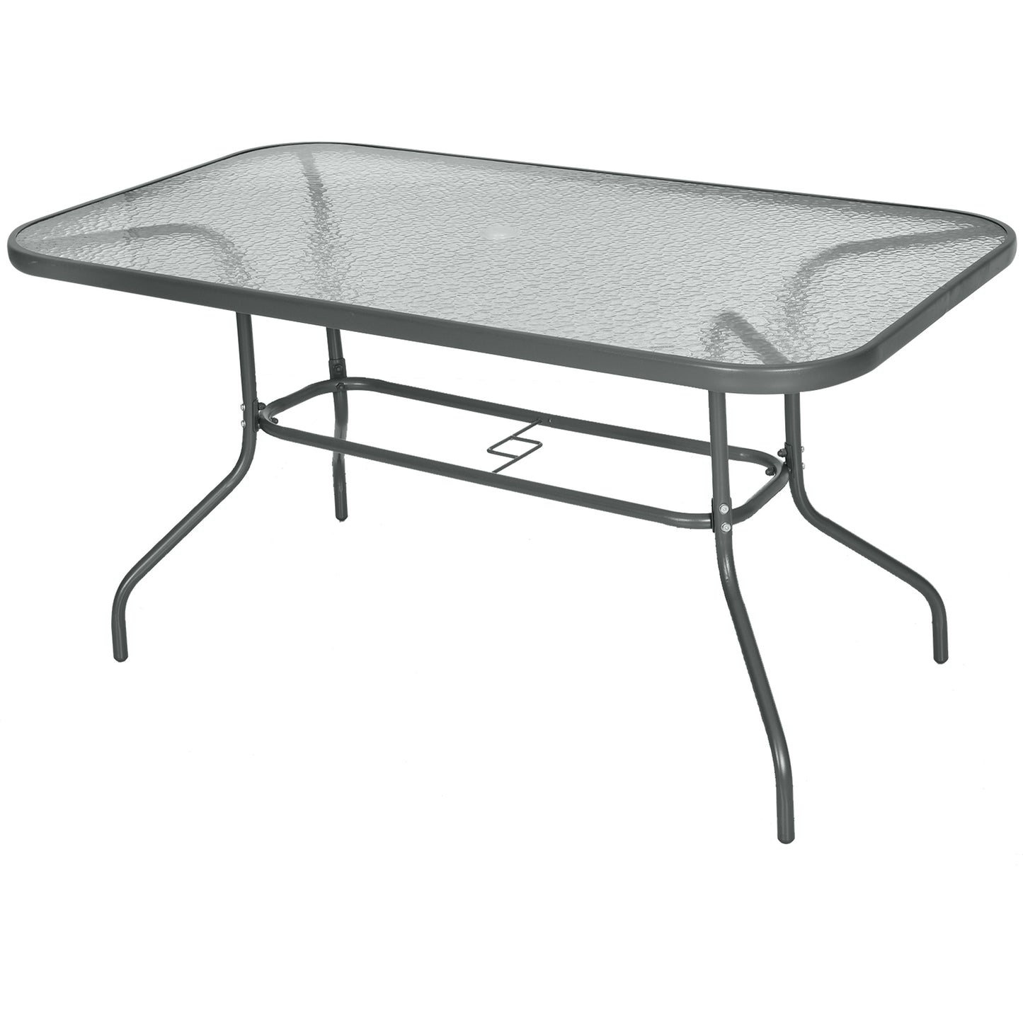 Lemone 140cm Metal Grey Rectangular Garden Dining Table With Glass Top And Parasol Hole