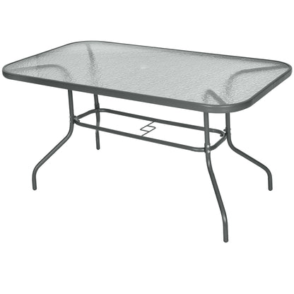 Lemone 140cm Metal Grey Rectangular Garden Dining Table With Glass Top And Parasol Hole