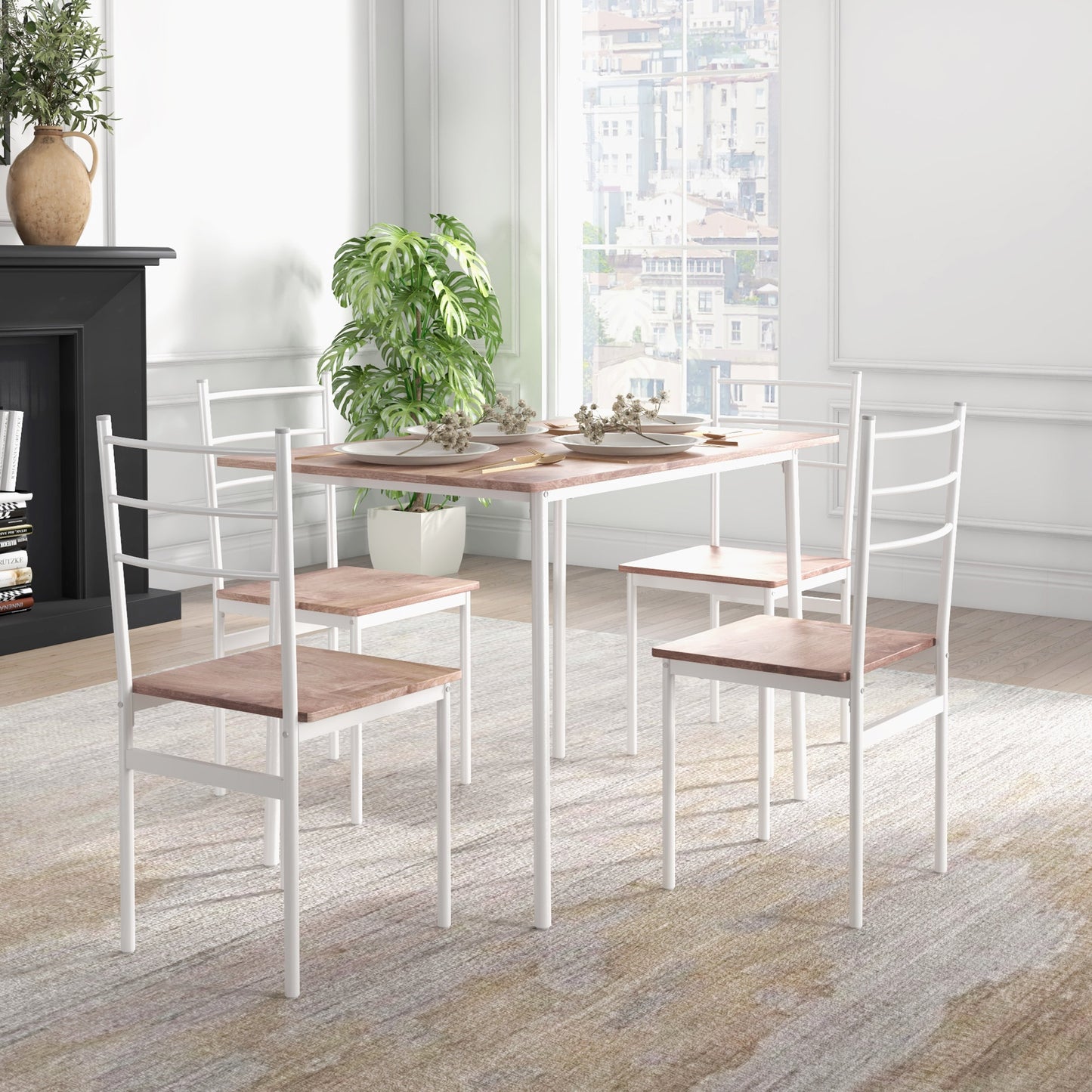 Hayoka Wooden Brown And White 5 Piece Compact Dining Table And Chair Set