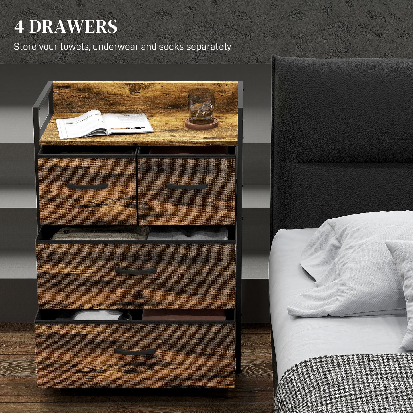 Tolito Fabric And Wood Rustic Brown 4 Drawer Rustic Storage Chest