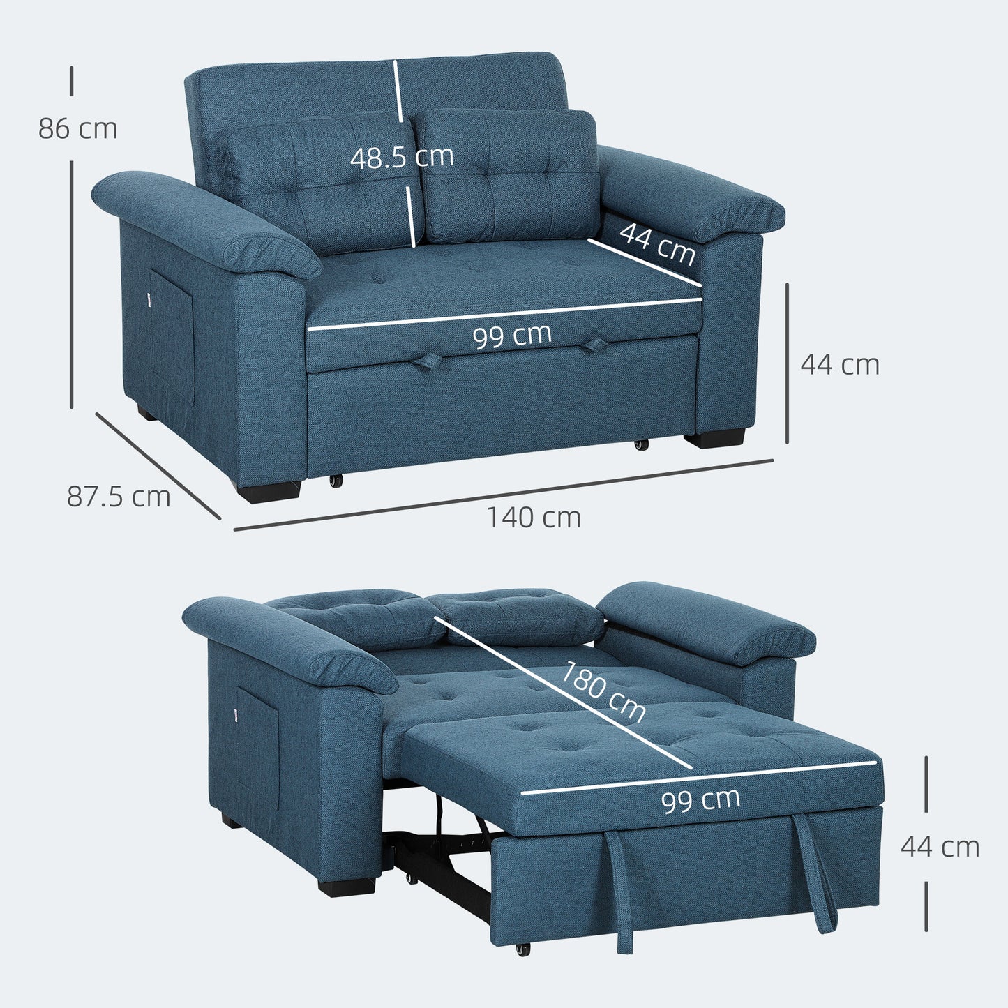 Nomo Cori Fabric Blue 2 Seater Click Clack Sofa Bed With Side Pockets And Cushions