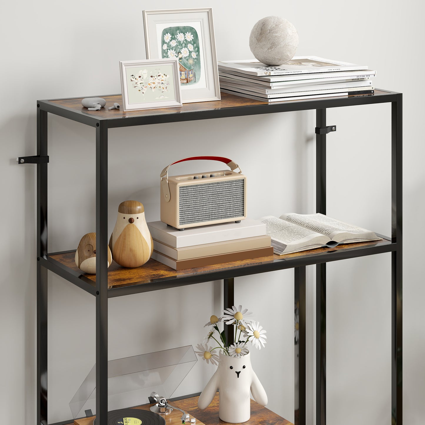 Modisu Wood Rustic Brown 4 Tier Bookcase With OFauxn Shelving