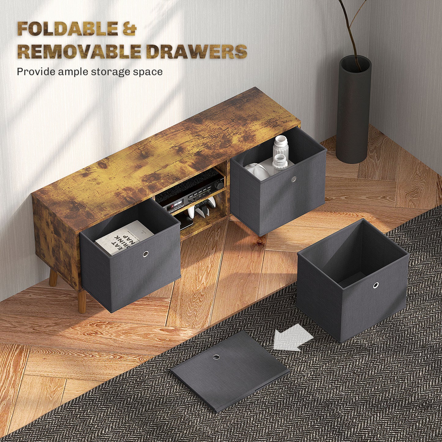 Dilo 110cm Wooden Rustic Brown TV Storage Cabinet With Fabric Fold Down Drawers For Screens Up To 50 Inches