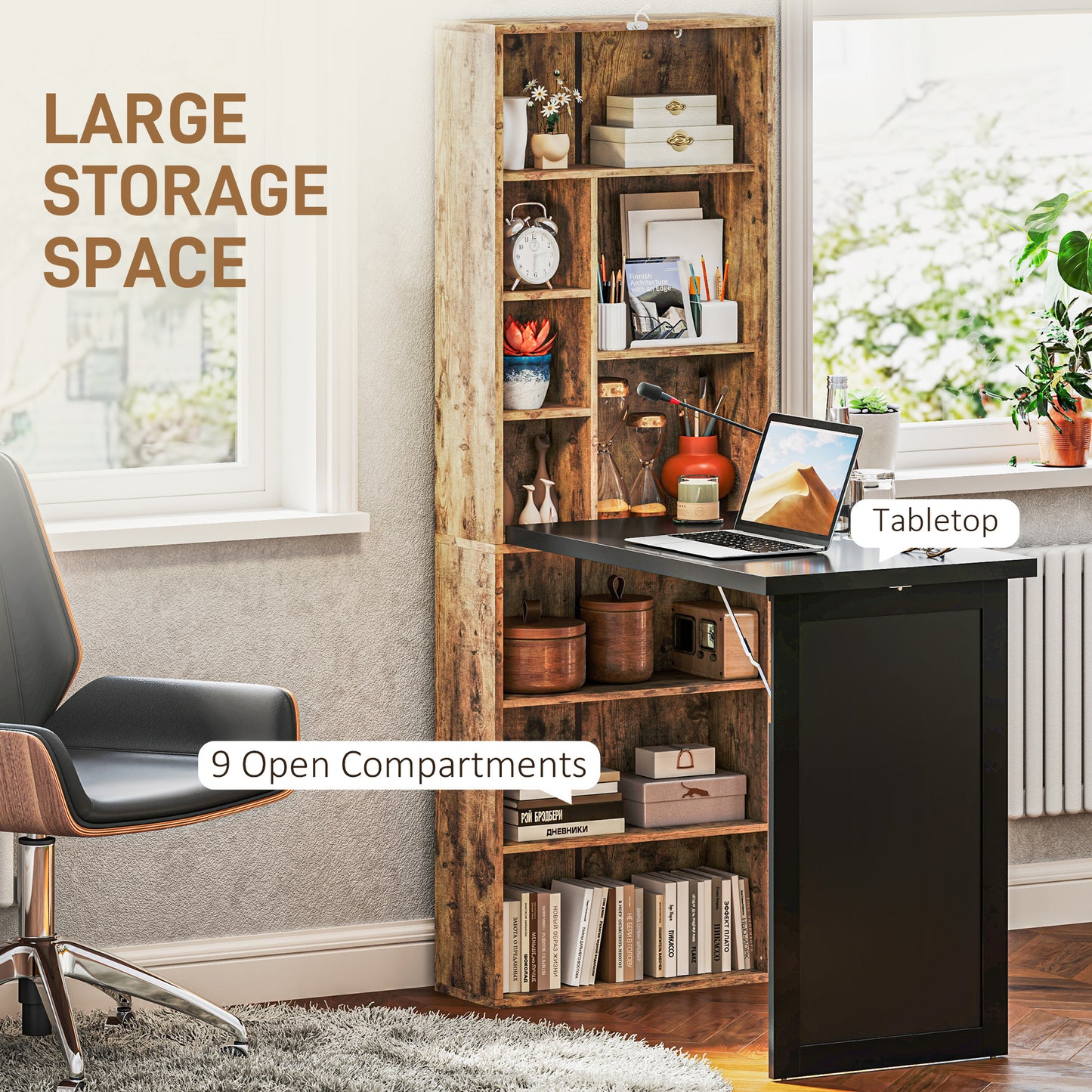 Codi 98cm Rustic Brown Folding Desk With Blackboard Panel And Side Shelving