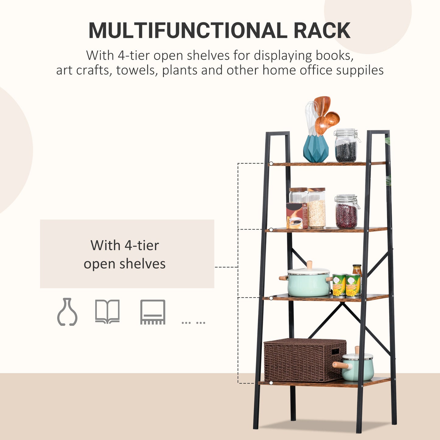 Tanile Metal And Wood Rustic Brown And Black 4 Tier Ladder Bookshelf
