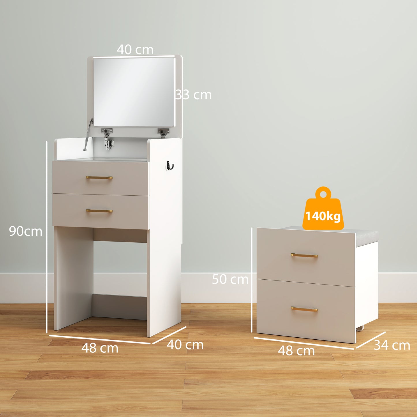 Yova White Compact Dressing Table And Stool Set With Storage