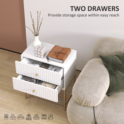 Lelu Rata White and Gold Elegant 2 Drawer Ribbed Bedside Table