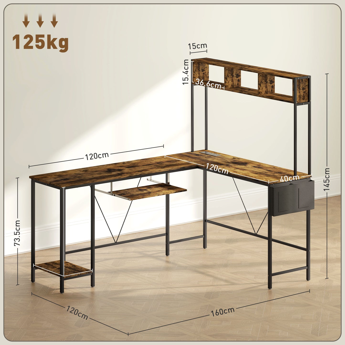 Ledoel 240cm Rustic Brown Reversible L Shaped Desk With Power Outlet Shelves And Keyboard Tray For 2 Users
