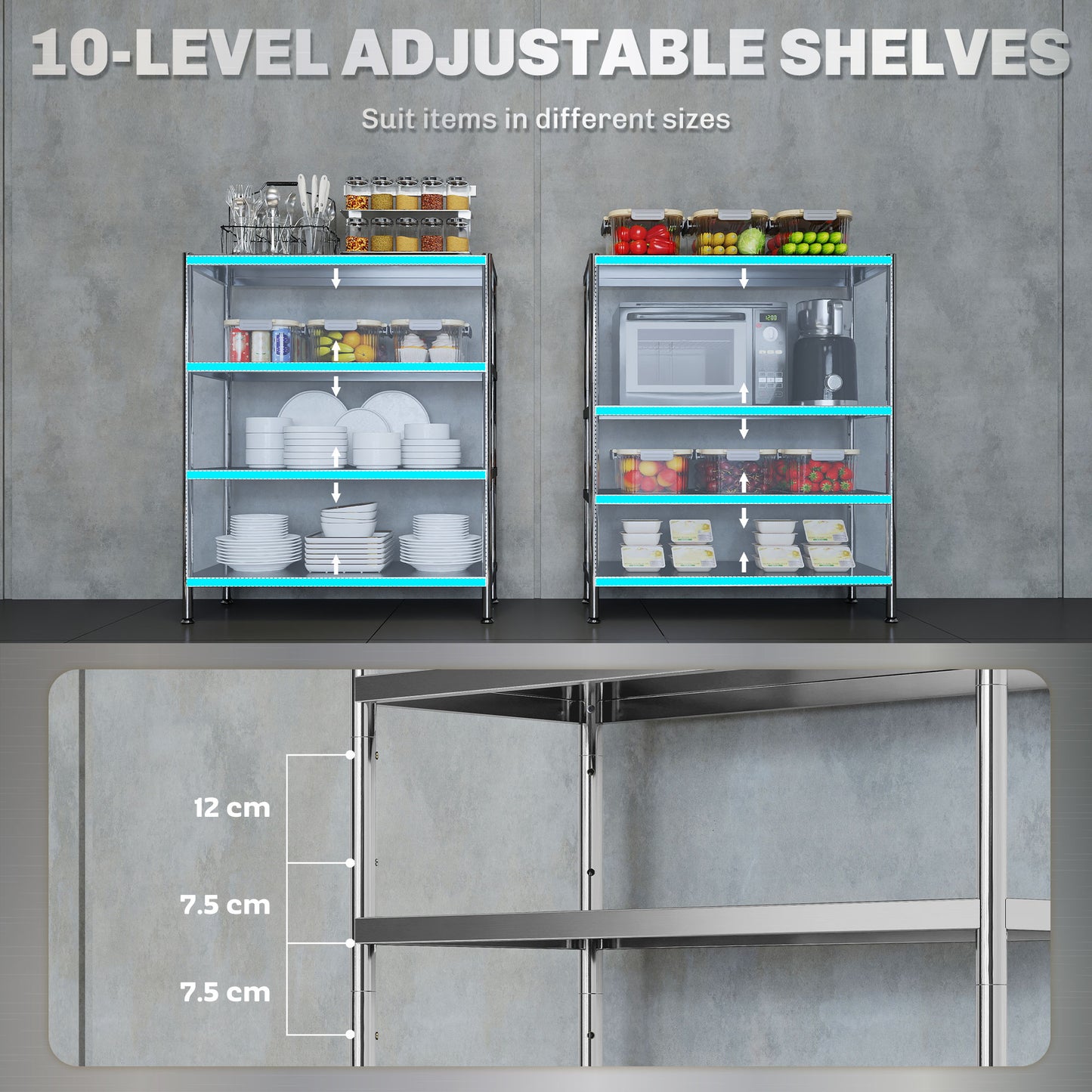 Nafado Stainless Steel Silver 4 Tier Bakers Rack Microwave Stand With Adjustable Shelves