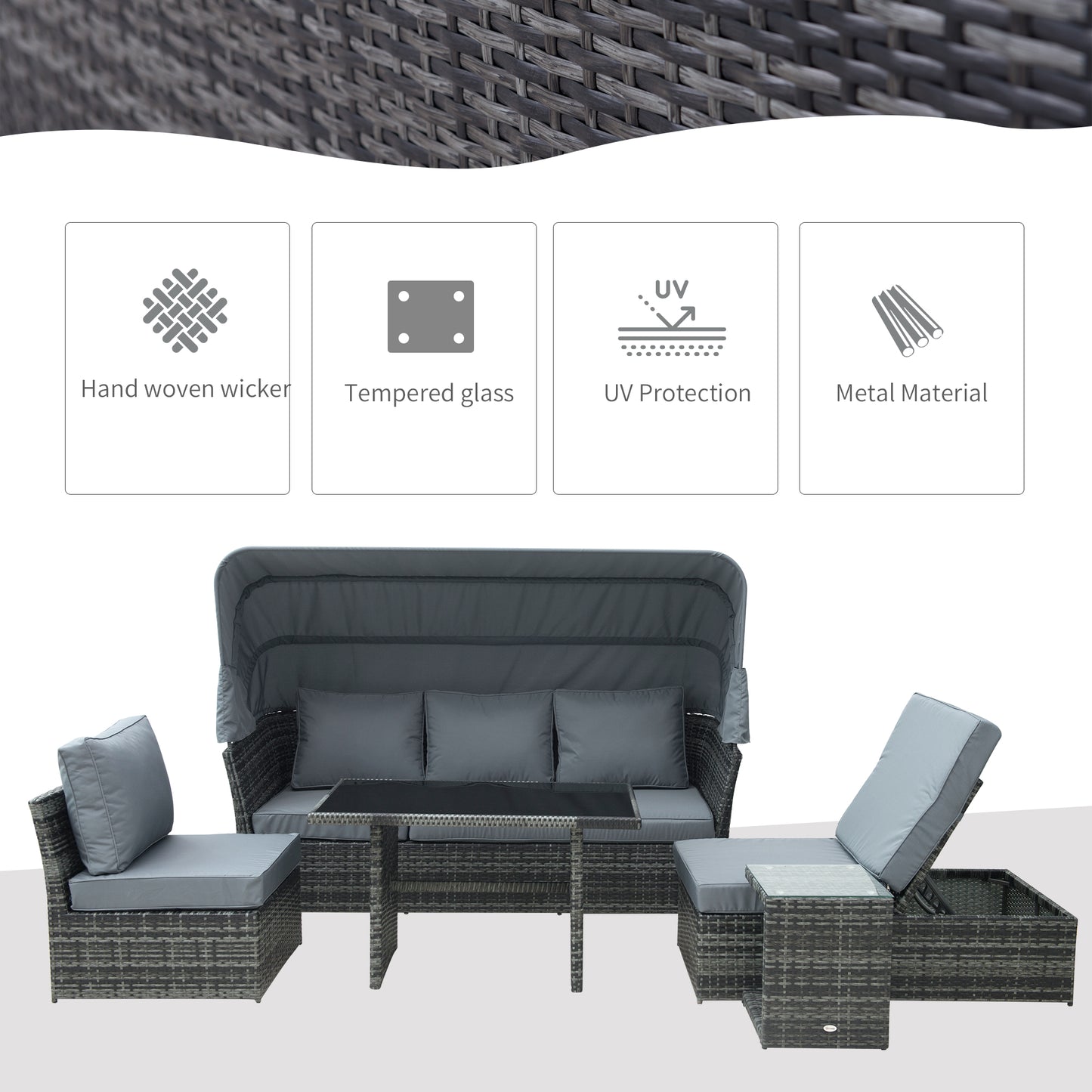 Mosone Rattan Grey 5 Seater Reclining Outdoor Sofa Set With Canopy and 2 Tables