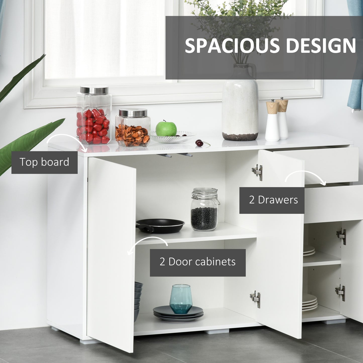 Talu High Gloss White Large Sideboard With 2 Drawers And Double Cabinets