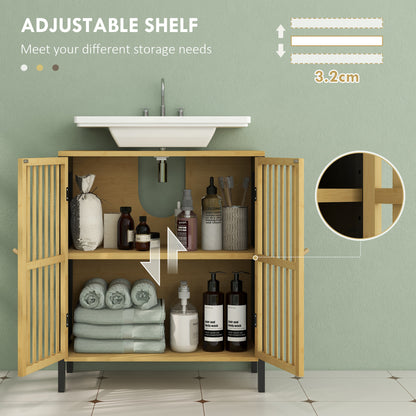 Rotove Bamboo Style Under Sink Bathroom Storage Cabinet With Cut Out Front