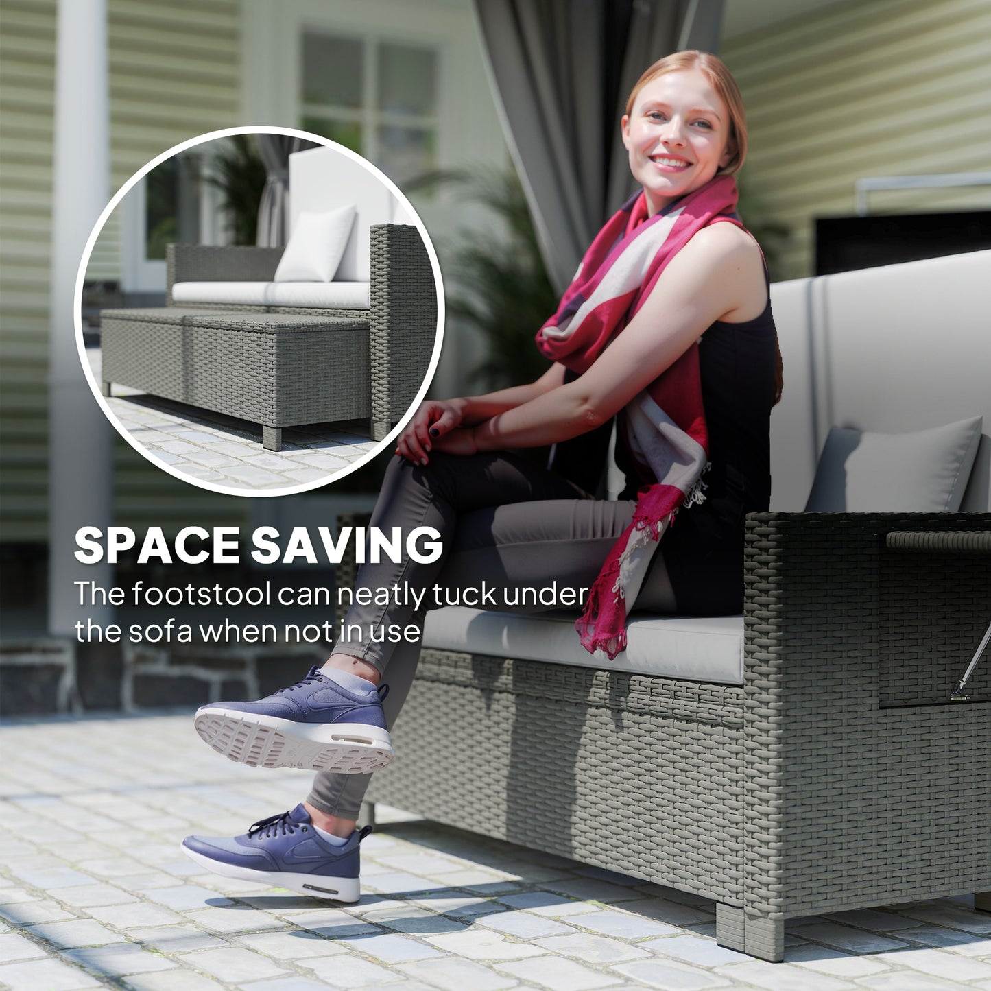 Taelre Rattan Light Grey Outdoor Daybed With Matching Footstool White Cushions