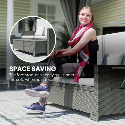 Taelre Rattan Light Grey Outdoor Daybed With Matching Footstool White Cushions