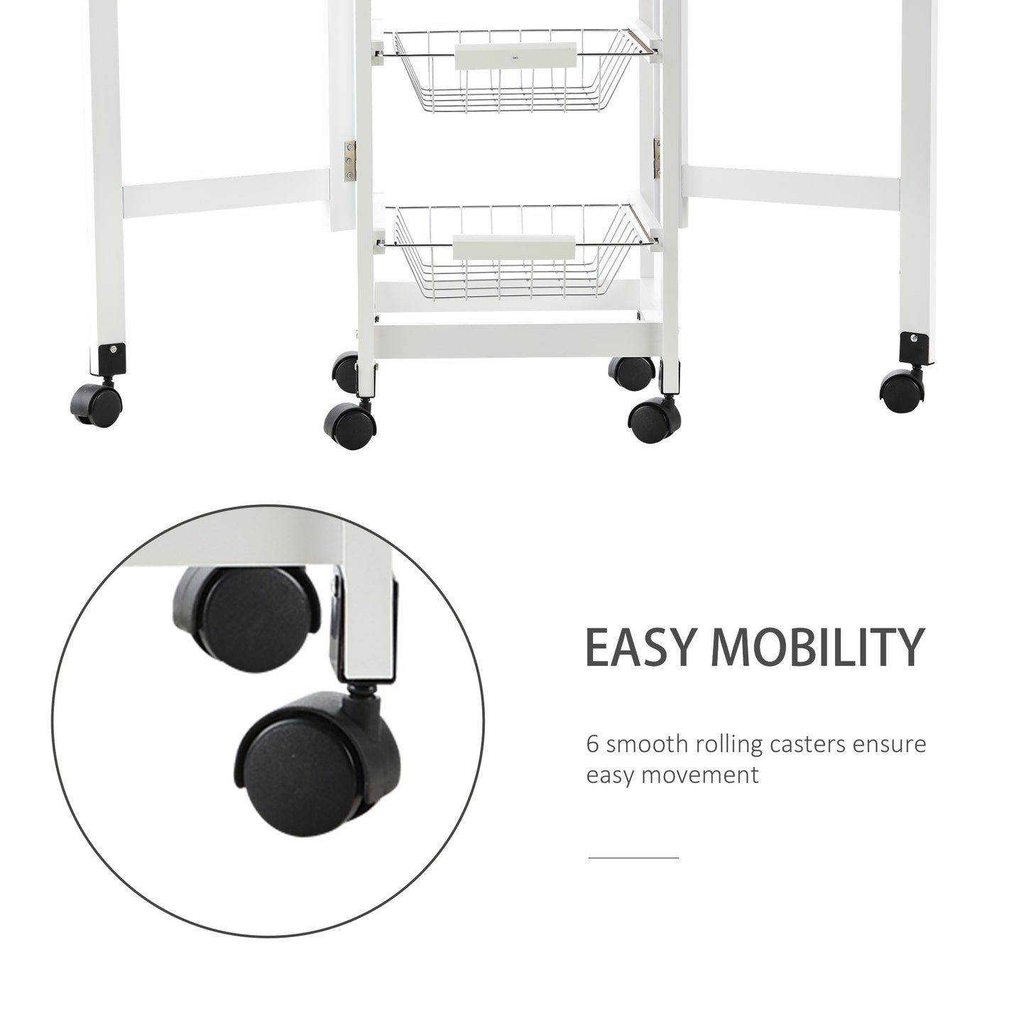Ziha Wooden White Oak Tone Drop Leaf Kitchen Trolley With Baskets And Wheels