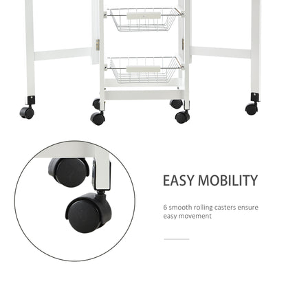 Ziha Wooden White Oak Tone Drop Leaf Kitchen Trolley With Baskets And Wheels