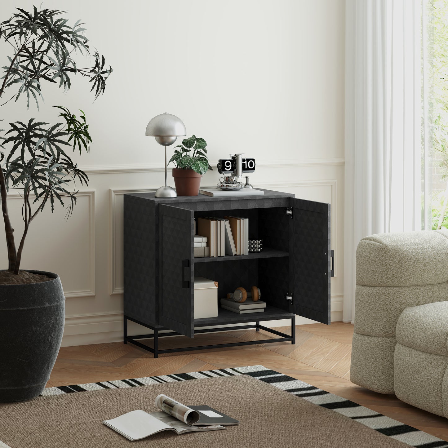 Nelima Black Freestanding Retro Sideboard With Double Doors Geometric Pattern
