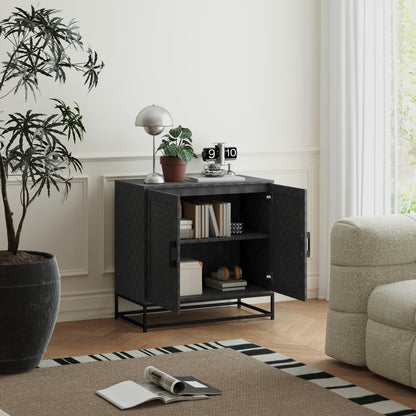Nelima Black Freestanding Retro Sideboard With Double Doors Geometric Pattern