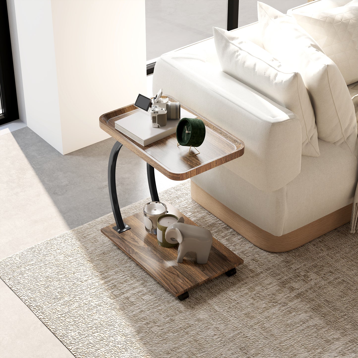 Netari Brown Wood and Black Metal 2 Tier Mobile C Shaped Side Table