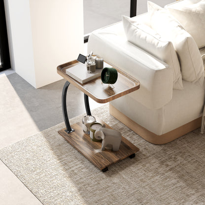 Netari Brown Wood and Black Metal 2 Tier Mobile C Shaped Side Table