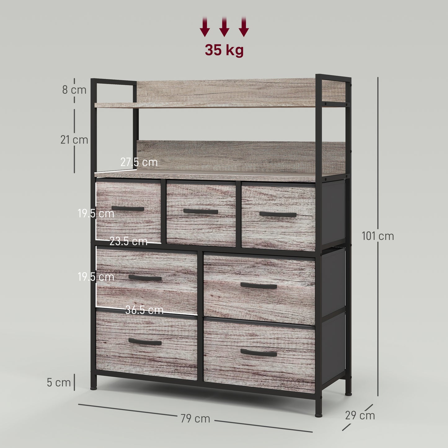 Norale Fabric And Wood Grey Wood Effect 7 Drawer Rustic Storage Chest